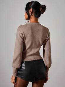 COSMINA Áo khoác cardigan cài nút bất đối xứng thanh lịch dành cho nữ, mùa thu/đông, màu nâu, áo len nữ, áo cardigan dáng ngắn, áo cardigan crop cho nữ. - Màu Khaki - Xem 7