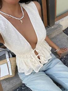 Serisse 女士性感纯色纹理系带无袖上衣，夏季 - 杏色 - 查看 3