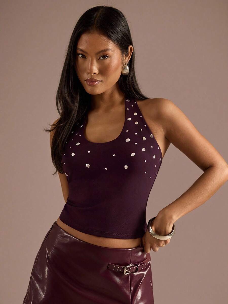 SHEIN BAE Áo croptop ngắn màu đỏ tía trơn kiểu Millennial dành cho nữ, thích hợp cho lễ hội âm nhạc, phong cách đường phố, dạo phố, thời trang năm mới, có miếng vá ủi, thời trang năm mới. - Cà phê nâu - Xem 1