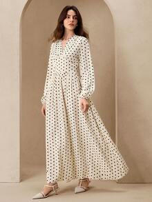 Graceveil Polka Dot Long Sleeve Elegant Maxi Swing Dress For Women - Black and White - View 5