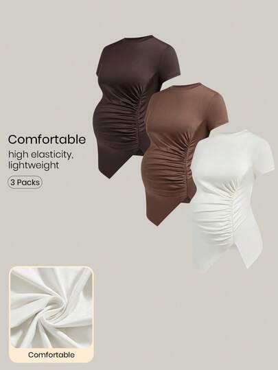 Modmama Maternity Clothes Maternity  Tops Summer Pregnant Clothes 3pcs/Set Pregnant Women's Solid Color Round Neck Pleated Asymmetrical Hem Casual Versatile Long Sleeve T-Shirts