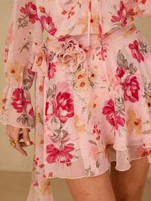 Enchnt Women's Blush Pink Floral Print Mini Dress,3D Rose Decor Tie-Up Long Sleeve Boho Sweet&Elegant Garden Party Holiday Autumn Spring Clothes - Pink - View 3
