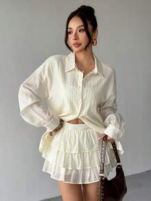 Chiquease Women's Party Jacquard Rhinestone Collar Long Sleeve Blouse + Rhinestone Cake Skirt 2 Pieces Set - Apricot - View 1