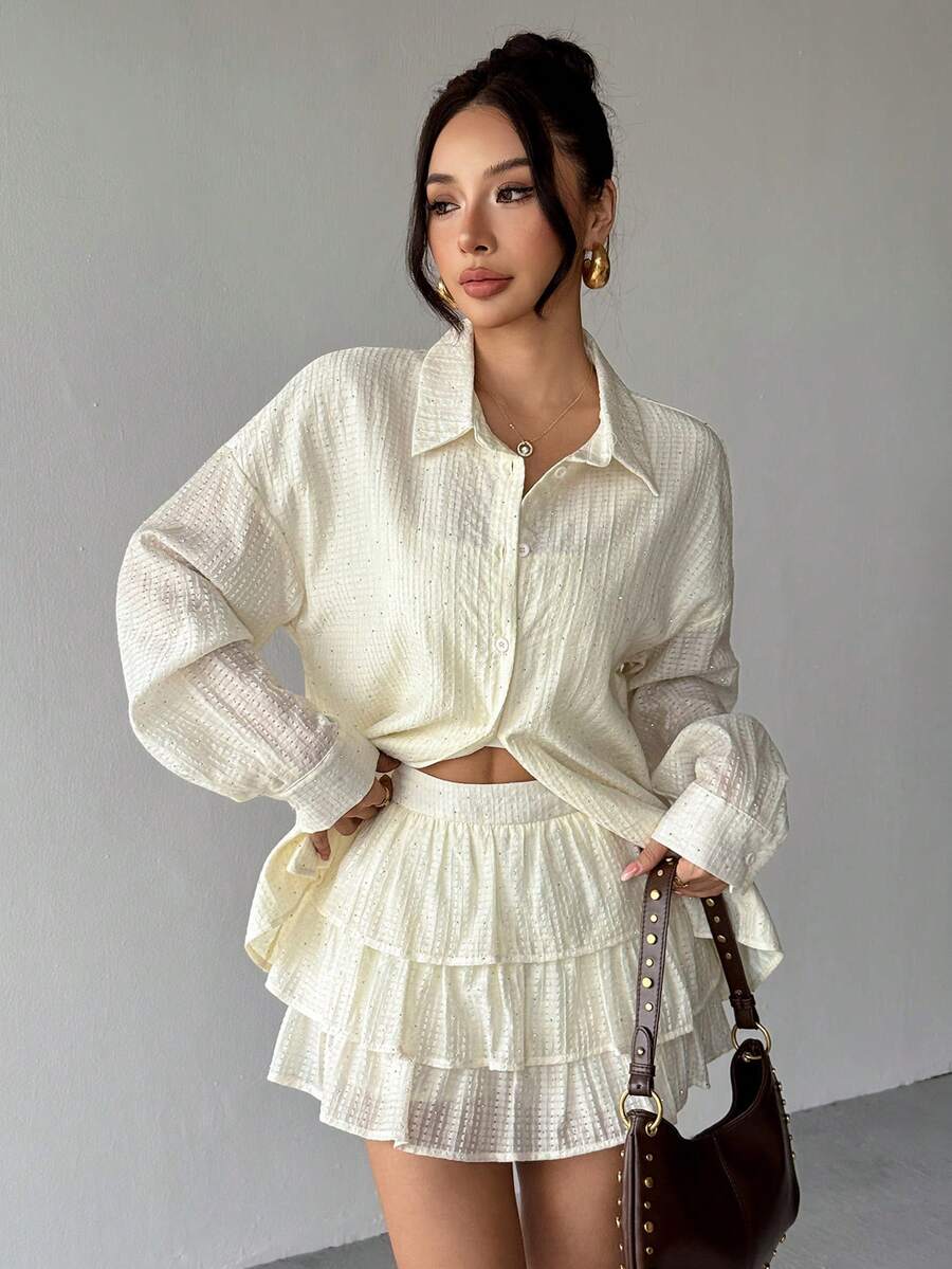 Chiquease Women's Party Jacquard Rhinestone Collar Long Sleeve Blouse + Rhinestone Cake Skirt 2 Pieces Set - Apricot - View 1