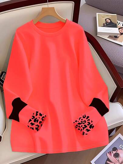 Resyla Nueva camiseta de manga larga con cuello redondo, estampado de leopardo de neón rojo y bloques de color, de estilo casual para primavera/otoño