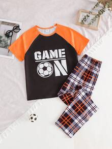 2pcs/Set Tween Boys Fashionable Pajama Set, Football Graphic Top Paired With Plaid Pants, Loungewear - Multicolor - View 2