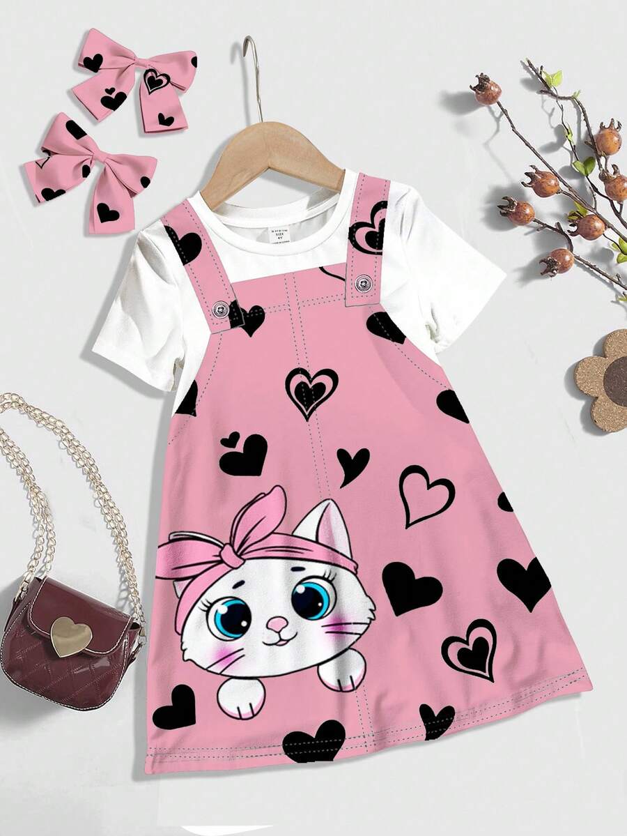 Cute Pink Heart & Cat Print, Young Girl Casual Minimalist Short Sleeve Mid-Length Dress, Suitable For Summer - Multicolor - View 1