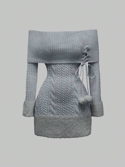 ROMWE Kawaii 露肩毛球吊坠装饰毛绒拼接女式毛衣派对连衣裙，适合新年、情人节等场合