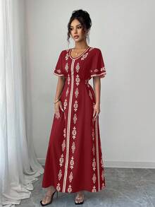 Elenzga New Elegant V-Neck Fashion Placement Print Women Dress - Burgundy - View 3