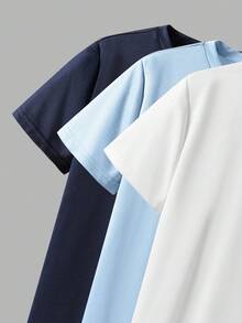 SHEIN Vacaura 3pcs/Set Boys' Crew Neck Short Sleeve T-Shirts With Graphic Decor, Spring/Summer Boys T Shirts Pack Basic Tees Solid Color Tops Kids - Baby Blue - View 3