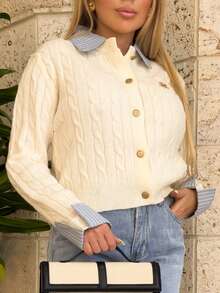 Cioccolato Fashionable Blogger Style 2 In 1 Patchwork Knit Cardigan Sweater Fall Winter Cloth For Women Preppy Clothes For Women French Style Clothes Retro Clothes Academia Clothes European Style Clothes - Beige - View 3