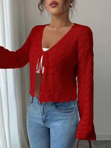 Elenzga 女士优雅系带镂空纯色开衫 - 紅色 - 查看 6