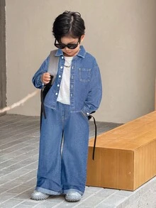 SHEIN Bộ 2 chiếc áo sơ mi dài tay ve denim màu xám cho bé trai và quần ống rộng - Rửa nhẹ - Xem 3