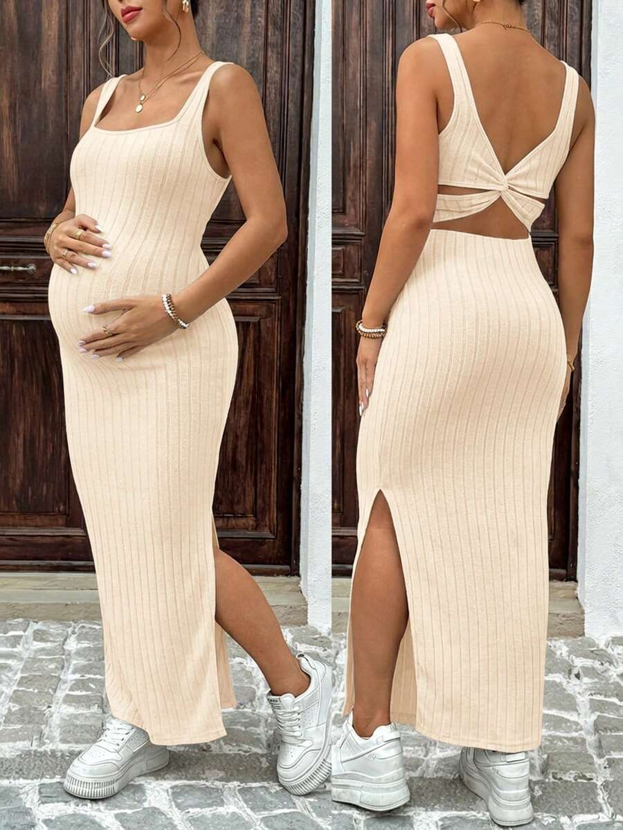 SHEIN Vestido midi sin mangas con abertura y acanalado de unicolor para maternidad - Albaricoque - Ver 1