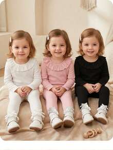 Newborn Baby Girl Casual Solid Color Ruffle Trim Long Sleeve Top And Elastic Waist Pants Set - Multicolor - View 1