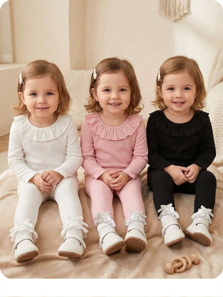 Newborn Baby Girl Casual Solid Color Ruffle Trim Long Sleeve Top And Elastic Waist Pants Set - Multicolor - View 1