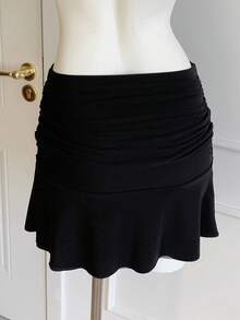 SHEIN EZwear Của phụ nữ Xếp li Xù Hoa Sen Váy midi - màu đen - Xem 2