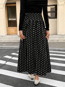 Serisse 女士休闲波点印花A字裙，秋季 - 黑色 - 查看 2