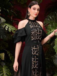 SHEIN Najma Đầm nữ trẻ thanh lịch trễ vai tay bồng phối nhiều mảnh - màu đen - Xem 1