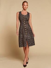 COSMINA 女士优雅无袖深V领提花牛仔鱼尾连衣裙，适合约会、度假、通勤和办公穿着，早春时节 - 棕色 - 查看 5