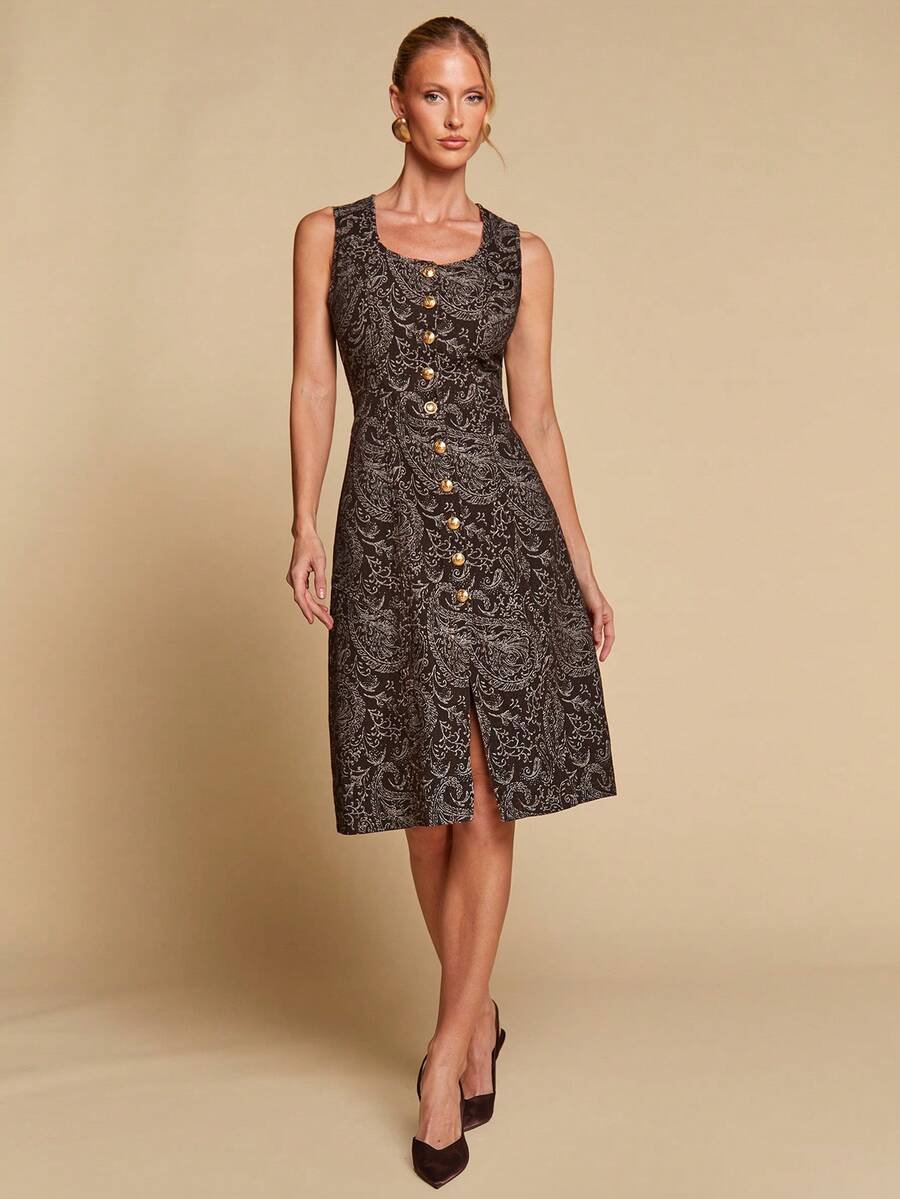 COSMINA Women's Elegant Sleeveless Deep V-Neck Jacquard Denim Fishtail Denim Dress, Versatile For Dates, Vacation, Commute, And Office Wear, Early Spring - Brown - View 1