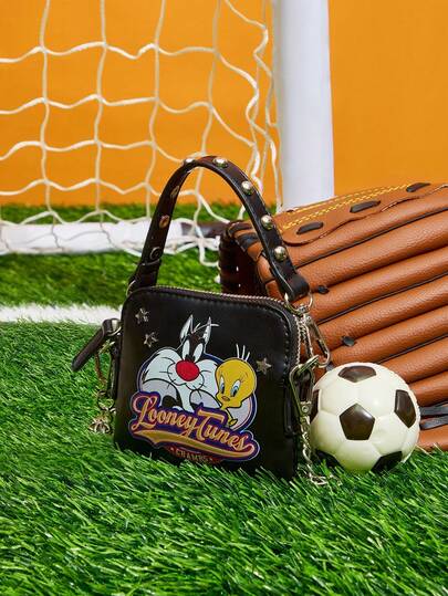 LOONEY TUNES X SHEIN Women's Fashion Personalized Minimalist Cool Streetwear Yellow Print Rivet Handbag, Shoulder Bag, Small Crossbody Bag (3-In-1 Style)