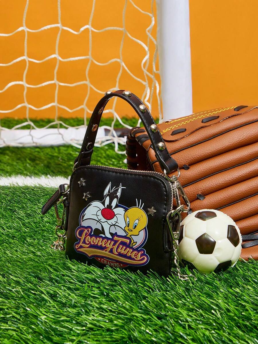 LOONEY TUNES X SHEIN Women's Fashion Personalized Minimalist Cool Streetwear Yellow Print Rivet Handbag, Shoulder Bag, Small Crossbody Bag (3-In-1 Style) - Multicolor - View 1