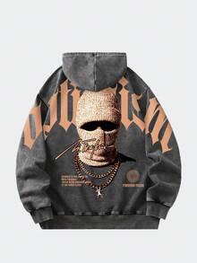 ROMWE MEN Street Life Spring Casual Graphic Men'S Vintage Washed Hoodie, Streetwear Style - Black - View 2