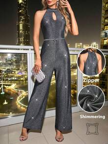 SHEIN Clasi Women's Elegant Gray High-End Cinched Waist Metallic Yarn Halter Jumpsuit,70s Retro Sparkly Wide Leg Pants For Autumn,Party,Night Out,Valentine's Day - Silver - View 11
