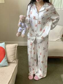 DAZY Cute Striped Cartoon Print Women Pajama Set