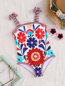 SHEIN Tween Girl White Tropical Beach Ditsy Floral Print Bow Decor One-Piece Swimsuit,Boho Summer Vacation Holiday Mom And Daughter Sisters Matching Style - Red - View 1