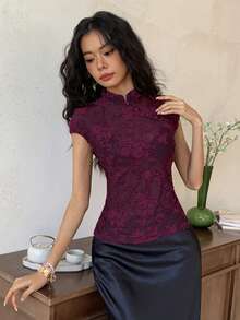 EastFlair Women's Cheongsam Collar Dolman Sleeve Elegant Satin Chinese Style Blouse