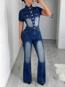 Jeanoix Women's Y2K Fitted Versatile Flare Jeans Overalls And Jumpsuit - Dark Wash - View 6