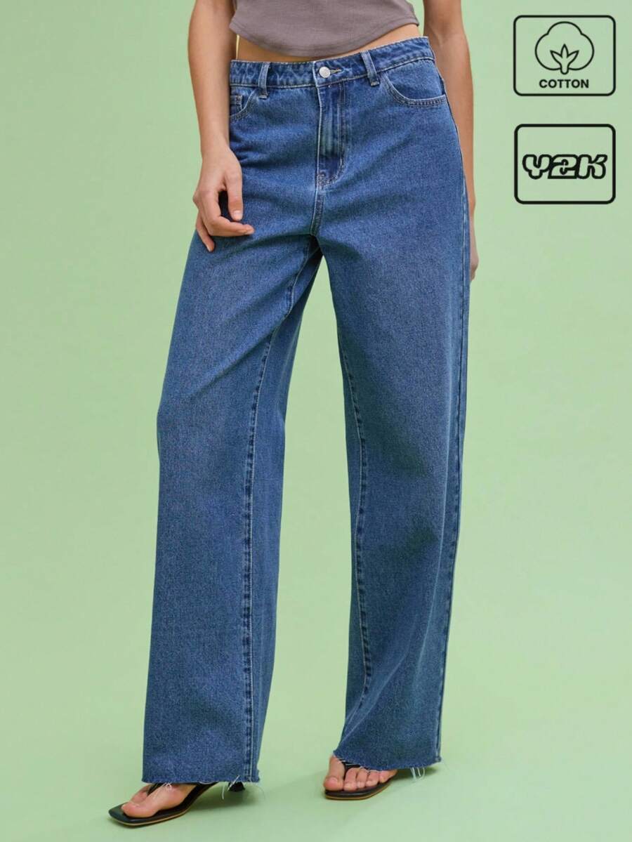COUREZ Jeans bleu délavé coupe ample style vintage Y2K en coton - bleu indigo - Voir 1