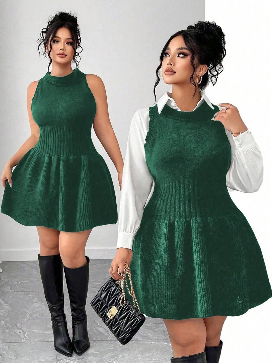 Elenzga Robe sans manches en tricot pour femmes grandes tailles, automne/hiver, avec volant à l'ourlet, robe pull de couleur unie - Vert sapin - Voir 1