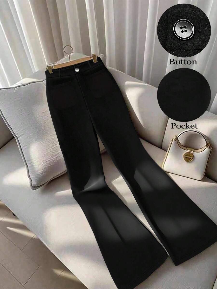 SHEIN PETITE CURVE Quần ống rộng xẻ tà thanh lịch dành cho nữ cỡ lớn, kiểu dáng ôm sát, thích hợp cho mùa xuân/thu. - màu đen - Xem 1