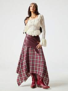 SoleilVie 波西米亚风时尚前卫艺术拼接不对称长裙，酒红色仿皮常规腰部七分上衣搭配红棕色格子面料，打造戏剧性A字不对称造型，大胆的层次感廓形和雕塑般的魅力，彰显个性设计。时尚百搭的日常PU拼接格子不规则半身裙。 - 彩色 - 查看 5