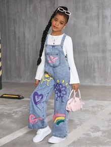 SHEIN Sparklyn Girls' Fashionable Floral, Heart, Rainbow & Graffiti Print Casual Soft Washed Denim Adjustable Strap Loose Fit Jumpsuit, Suitable For Layering With Short/Long Sleeve Tops, Perfect For Daily Wear And Travel, All Seasons Fall Winter