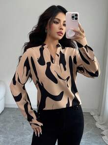 Elenzga 女士撞色印花简约休闲长袖衬衫 - 卡其色 - 查看 4