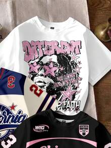 SHEIN EZwear 三件套休闲简约运动涂鸦T恤，适合聚会、派对、机场等场合，图案包含数字、字母和学院风印花，宽松圆领短袖设计，适合夏季穿着，春季印花T恤。 - 彩色 - 查看 6