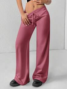 PETITE Pantalones de chándal cómodos y casuales de punto llano con cintura baja y pierna ancha para mujer - Color caoba - Ver 3