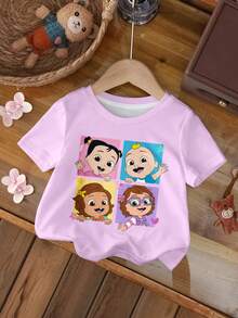 CoComelon X SHEIN Baby Girl Casual Cartoon Pattern Round Neck Short Sleeve Top, Summer - White - View 7