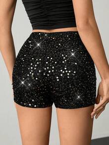 SHEIN Tall Quần short ôm sát, thời trang, quyến rũ, phối sequin và patchwork. - Vàng - Xem 2