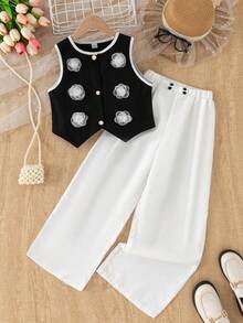 2pcs/Set Tween Girls Organza Floral Decor Black Tank Top And Contrast Button Accent White Wide Leg Pants,Black And White Summer Tea Party Jumpsuit - Black and White - View 6