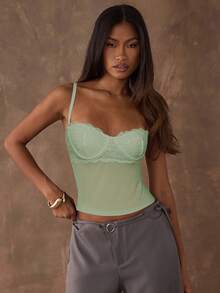 SHEIN BAE Women's Casual Everyday Commute Solid Color Contrast Lace Hollow-Out Backless Camisole With Underwire, Cropped Length - Mint Green - View 5