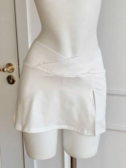 SHEIN EZwear 女式 V 形腰部开叉纯色紧身迷你裙，夏季