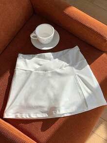 SHEIN EZwear 女式 V 形腰部开叉纯色紧身迷你裙，夏季 - 白色 - 查看 4