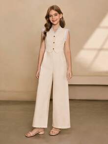 Girls' Elegant Suit Set,Sleeveless Jacket Vest & Pants Outfit,Cream White Summer Wedding Formal Jumpsuit For Tween Girl Dress Pant Suit,Apricot Color - Apricot - View 4