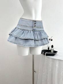 Elamini Women's Fashion Casual Double-Layer Denim Mini Skirt