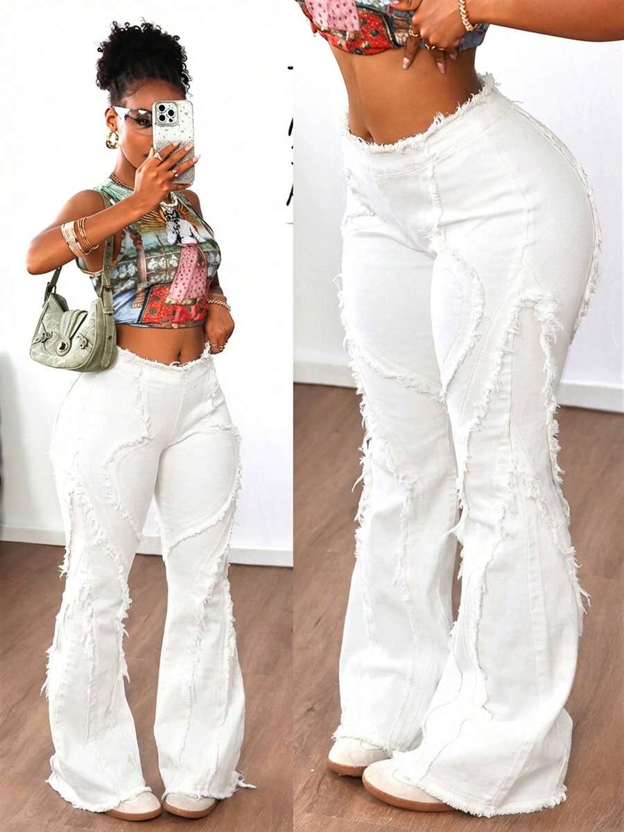 SHEIN ICON 女士休闲时尚街头风日常通勤毛边喇叭牛仔裤 - 白色 - 查看 1